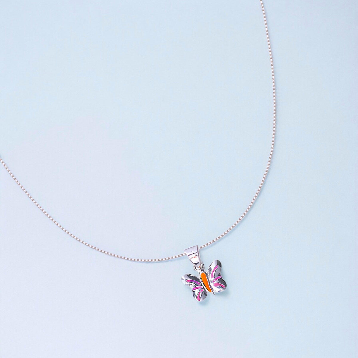 925 Sterling Silver Kids Enamel Butterfly Pendant with Chain for