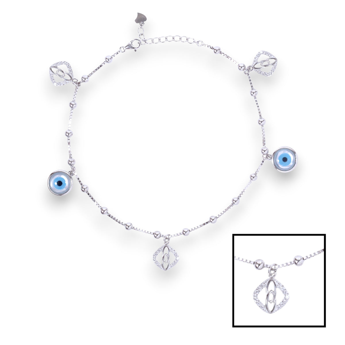 925 Sterling Silver Evil Eye & CZ Charm Single Anklet For