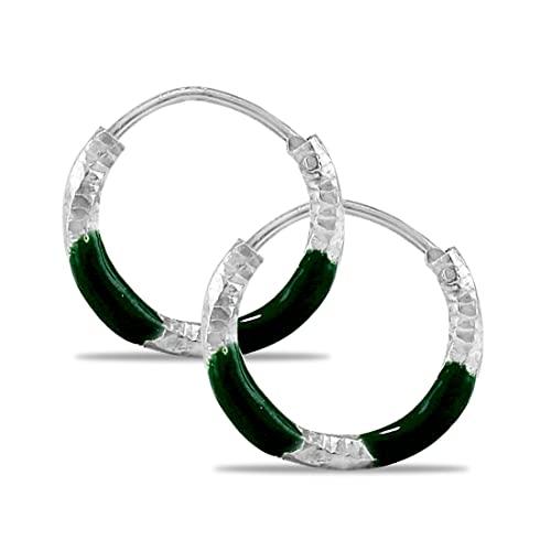 Taraash 925 Sterling Silver Forest Green Enamel Hoops For Girls
