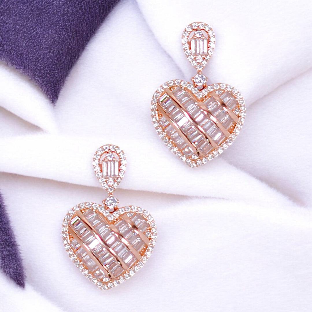 925 Sterling Silver Baguette CZ Rose Gold Plated Heart Earrings for Women