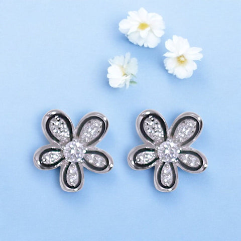 925 Sterling Silver Black Enamel Floral CZ Earrings for Women - Taraash