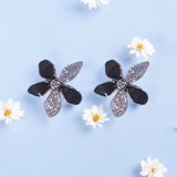 925 Sterling Silver Cz Black Enamelled Floral Petal Stud Earrings for Women - Taraash