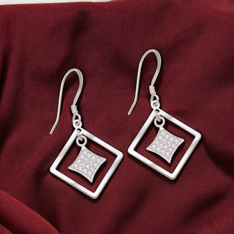 925 Sterling Silver CZ Double Square Drop Earrings Gift for Women - Taraash