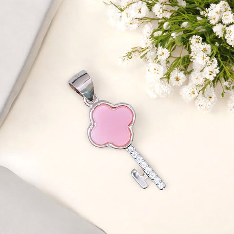 925 Sterling Silver Elegant Pink Mother of Pearl Key Pendant with CZ for Women - Taraash