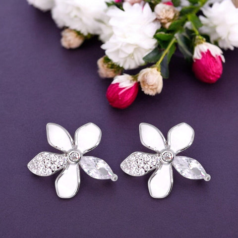 925 Sterling Silver Flower White Enamel With CZ Stud Earrings for Women - Taraash