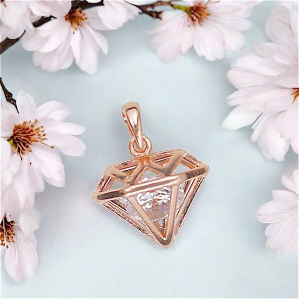 925 Sterling Silver Geometric Rose Gold Inverted Pyramid Pendant with CZ for women - Taraash