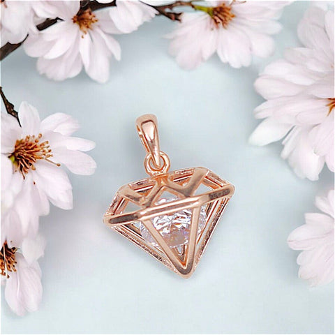 925 Sterling Silver Geometric Rose Gold Inverted Pyramid Pendant with CZ for women - Taraash