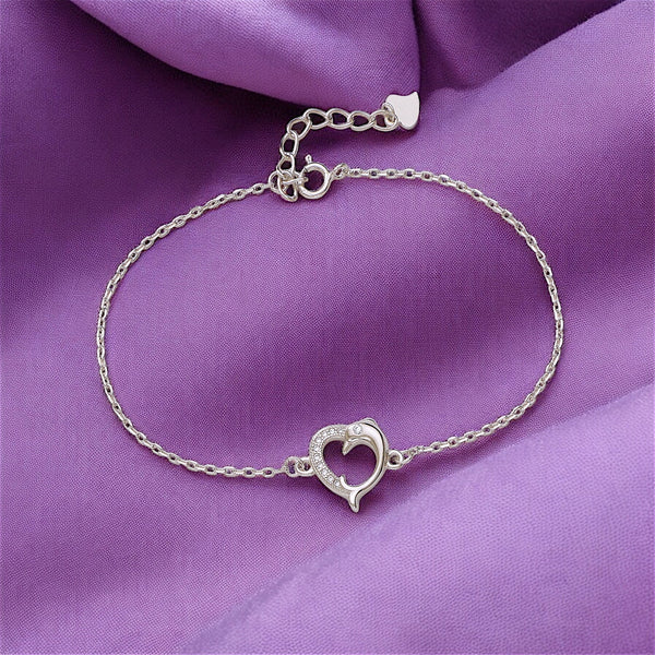 925 Sterling Silver Heart Bracelet with Dolphin Design and Cubic Zirconia for Women - Taraash