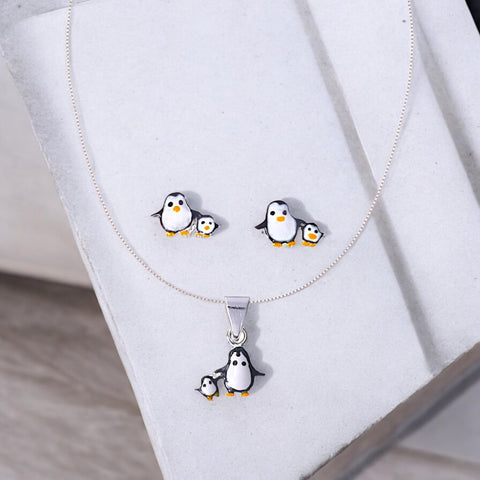 925 Sterling Silver Kids Tiny Playful Penguin Enamel Jewellery Set for Girls - Taraash