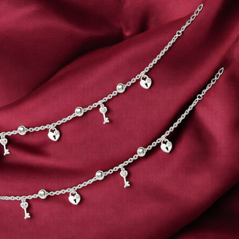 925 Sterling Silver Lock & Key CZ Beaded Anklet for Women - Taraash