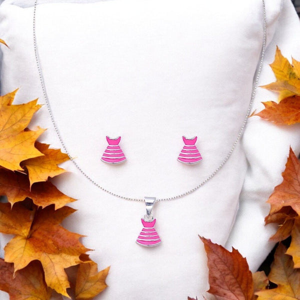 925 Sterling Silver Pink Dress Pendant Set With Earring and for Girls - Taraash