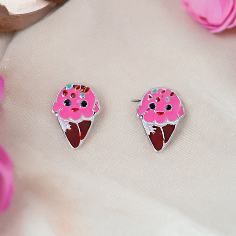 925 Sterling Silver Pink Ice Cream Cone Enamel Stud Earrings for Girls - Taraash