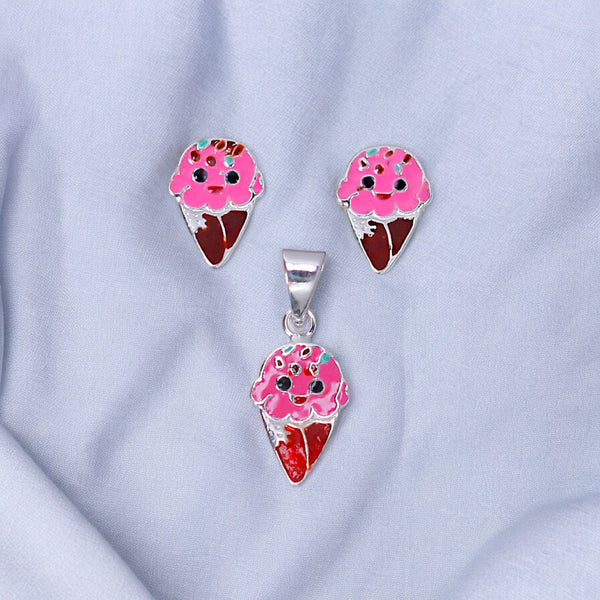 925 Sterling Silver Pink Ice Cream Cone Stud Earrings & Pendant Set Girls - Taraash