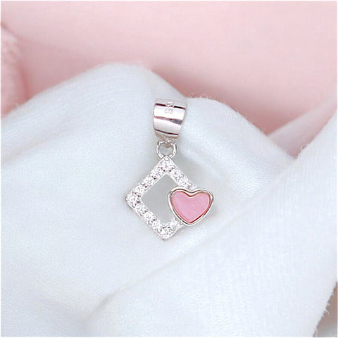 925 Sterling Silver Pink Mother of Pearl Square Heart CZ Pendant for Women - Taraash