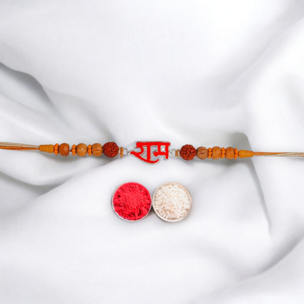 925 Sterling Silver Ram Motif With Rudraksha Beaded Rakhi for Brother - Taraash