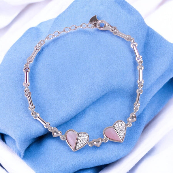 925 Sterling Silver Two Heart Pink Mother - of - Pearl and CZ Bracelet for Women - Taraash