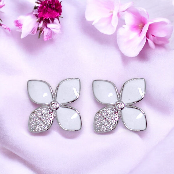 925 Sterling Silver White Floral Petal Earrings for Women with Enamel and CZ - Taraash