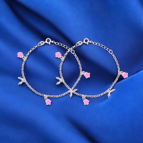 925 Sterling Silver with Pink Flower Charm Anklet For Girls - Taraash