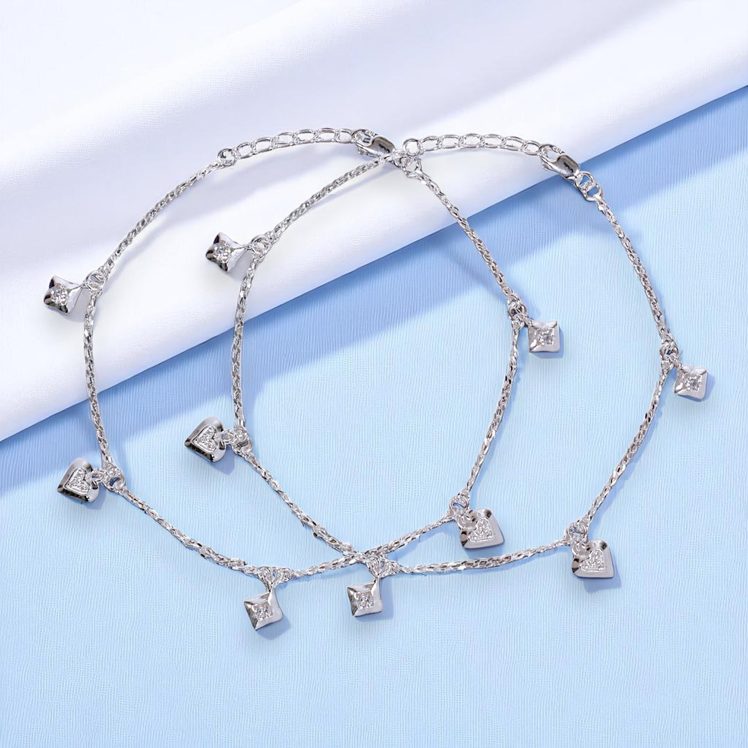 925 Sterling Silver Beaded Heart Star Charm Chain Single Anklet