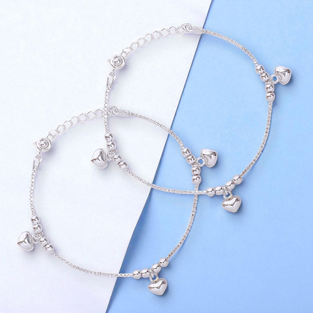925 Sterling Silver Box Chain With Heart Ball Charm Anklet for Kids