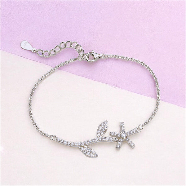 925 Sterling Silver Floral Leaf Link Chain Bracelet for Women