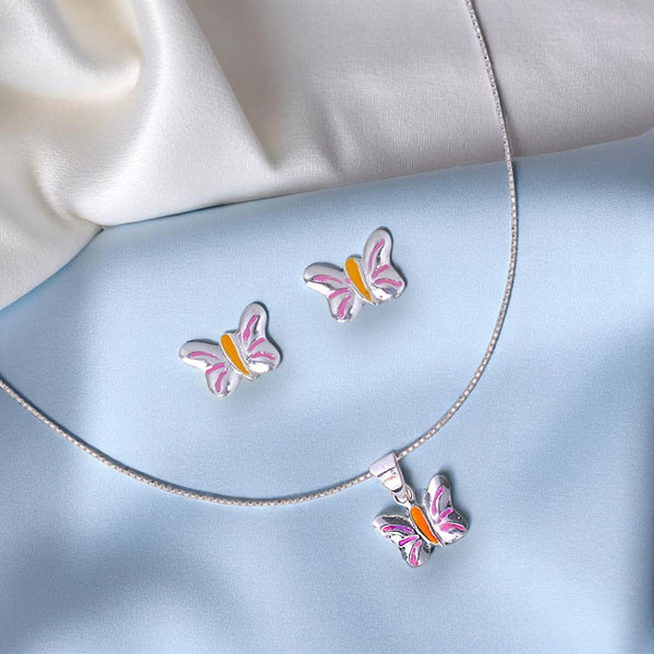 925 Sterling Silver Enamel Butterfly Chain Pendant with Stud Earrings Set for Girls